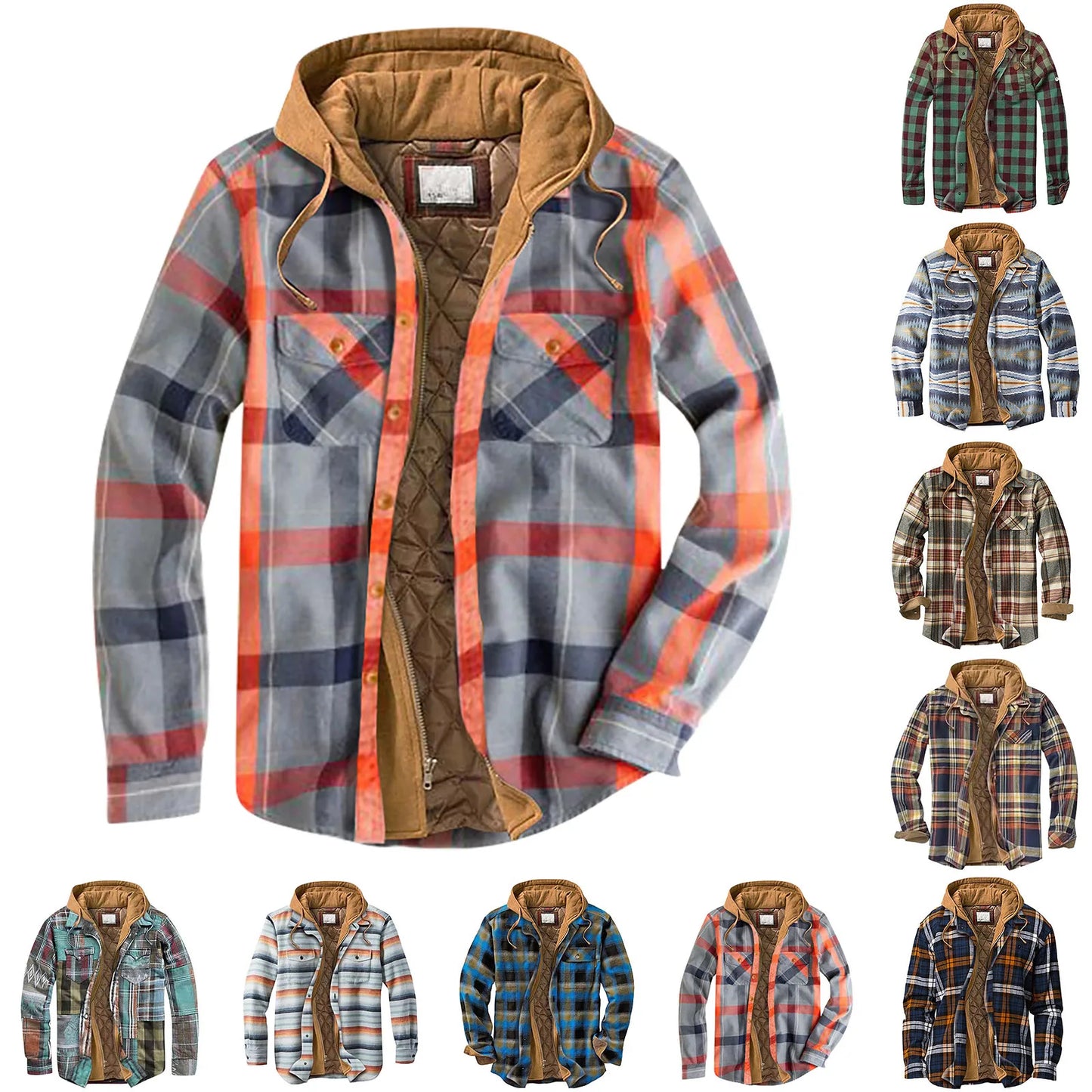 Men's fashion Cotton Flannel Shirt Jacket with Hood Mens Long Sleeve Quilted Lined Plaid Coat Button Down Thick Hoodie Outwear