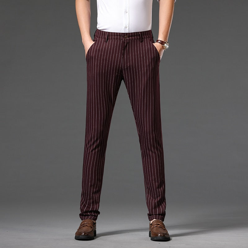 Autumn Stripe Trousers Men Formal Work Business Red Grey Navy Blue Black Slim Fit Iron-free Office Luxury Suit Pants Male 30-38