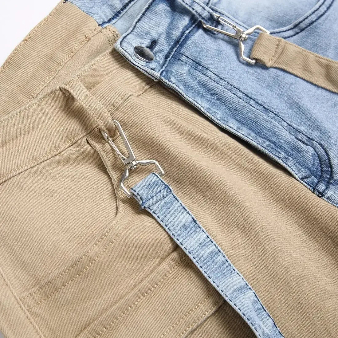 Large Pocket Double Button Jeans Men's Panel Pants Heterochromatic Legs Holes 3D Cotton Zipper Fit Elastic High Street Pendant 2