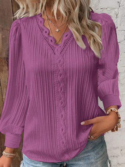 Elegant Summer Hollow Lace Patchwork Women Shirt Chic Blouse V Neck Long Sleeve Shirt Plain Lace Casual Basic Regular Tops