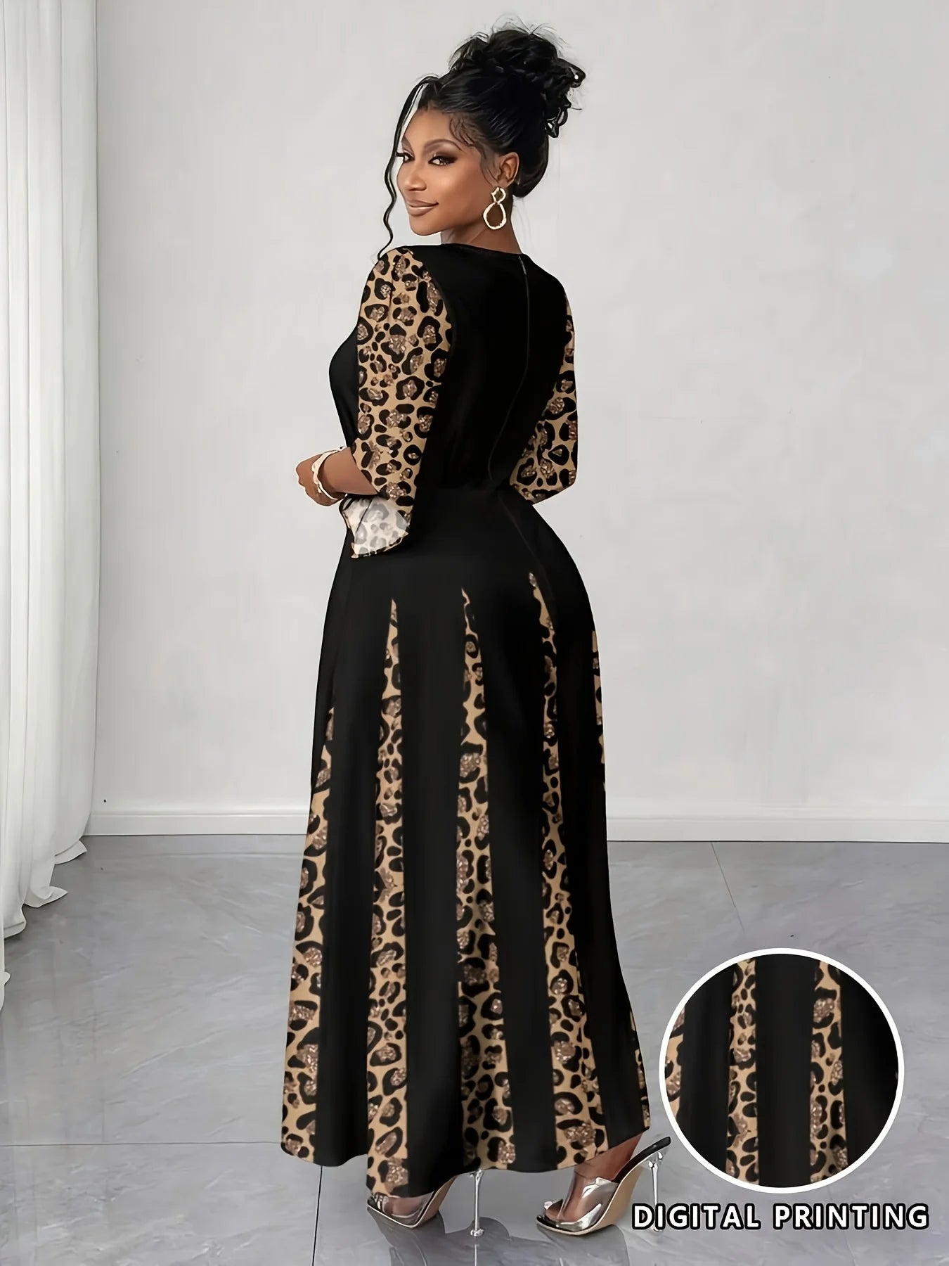 Elegantes Maxikleid mit Leopardenmuster, modisches langärmliges Abendkleid in Übergröße, bequeme und stilvolle Damenbekleidung