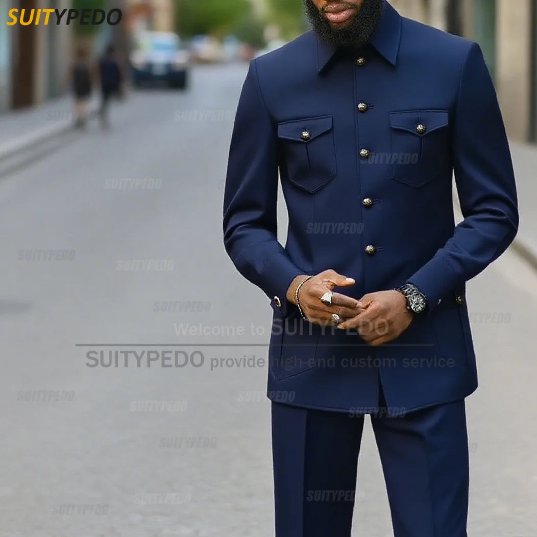 Fashion Stand Collar Men's Suit Newest Smart Casual Four Pockets Prom Formal Hommes 2 Pieces Blazer And Pants Sets Texudos