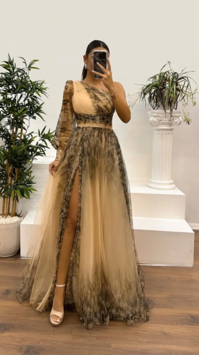 2025 Women Evening Dress Off Shoulder Pleated Long Lantern Sleeve Split Hem Maxi Dress Rhinestone Decor High Waist Party Dresses