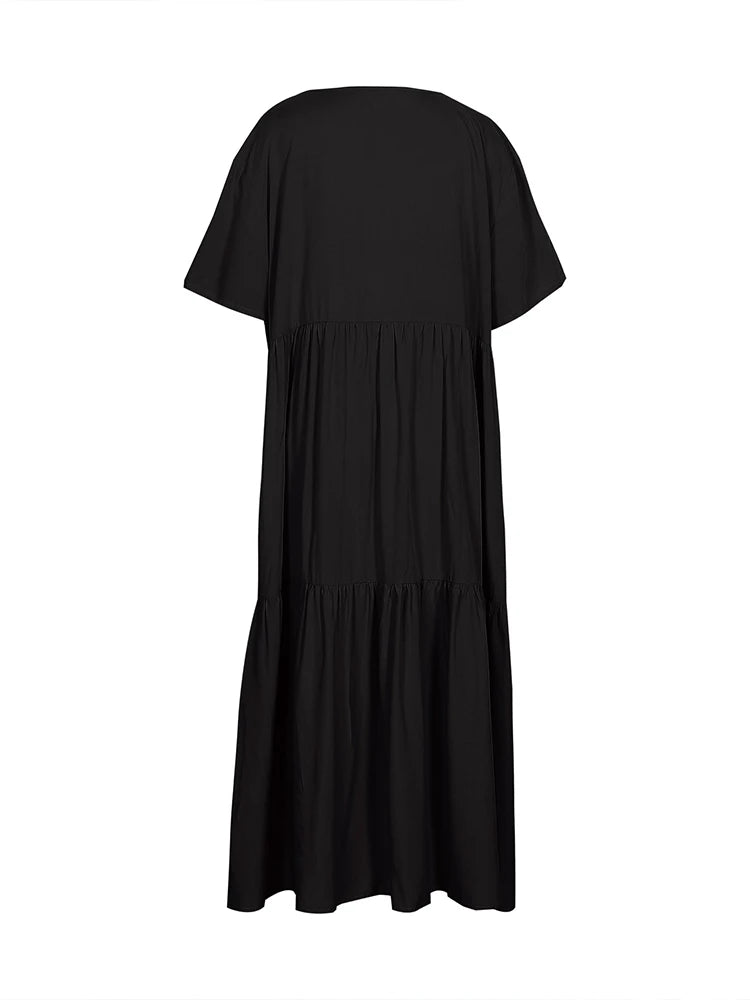 Damen Übergröße Lässiges lockeres V-Ausschnitt Einfarbiges langes Kleid Frühling Sommer Plissee Big Size Damenkleid