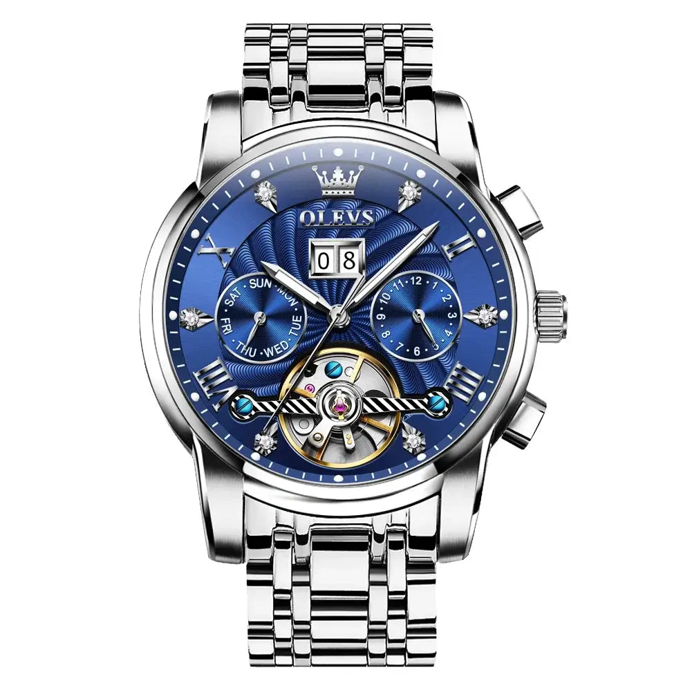 OLEVS Classic Men's Watches Tourbillon Multi-function Full Automatic Men Watch High end Male Wristwatches Mechanical Watch 9910 in blue.