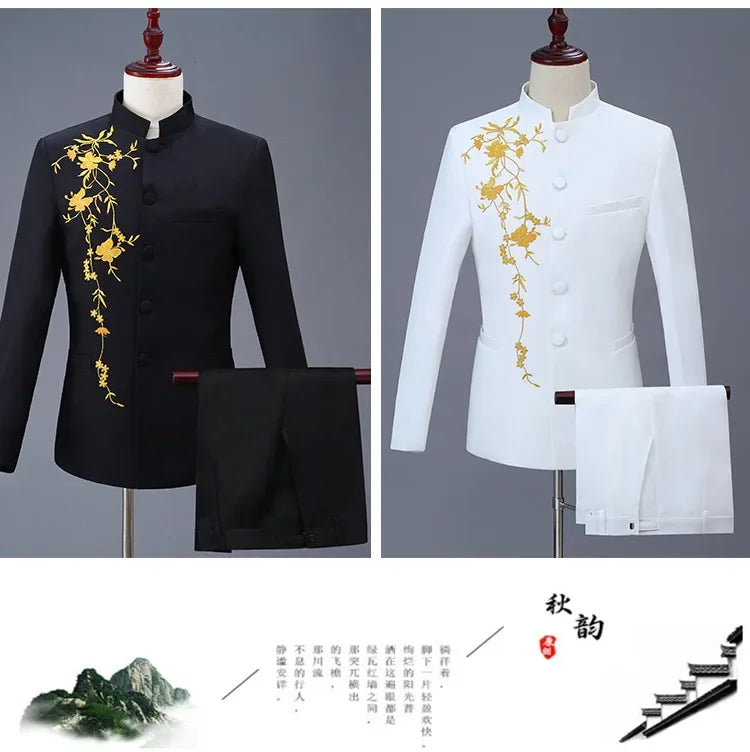 Neuer Herren Stehkragen Bestickter Anzug 2-teilig Schwarz / Weiß / Rot Mode Herren Bühne Party Perform Blazer und Hose