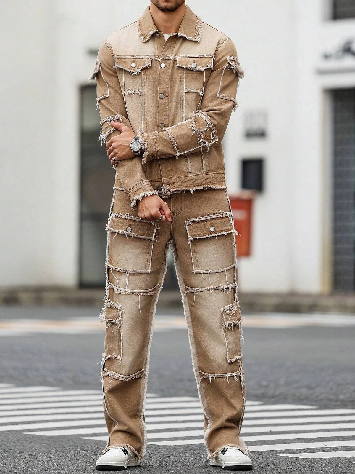 Men's Distressed Patchwork Denim Set - Khaki Washed Frayed Jacket & Wide Leg Jeans Streetwear