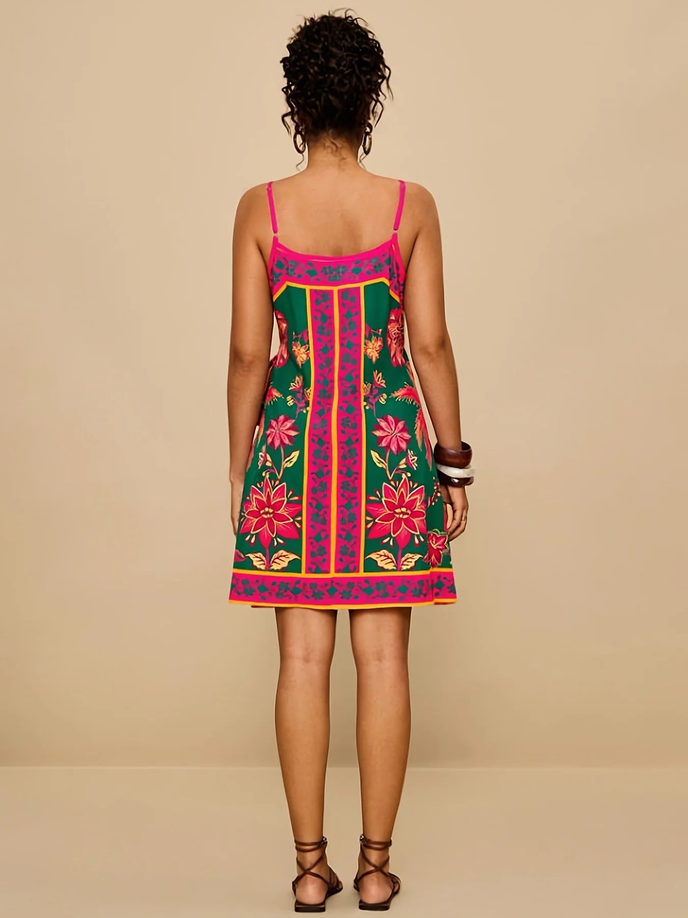 Große Größen Frühling Sommer Elegant Neues Damen Ethnisch bedrucktes Neckholder-Kleid V-Ausschnitt Taillenbetonendes Kurzes Boho-Kleid im Urlaubsstil