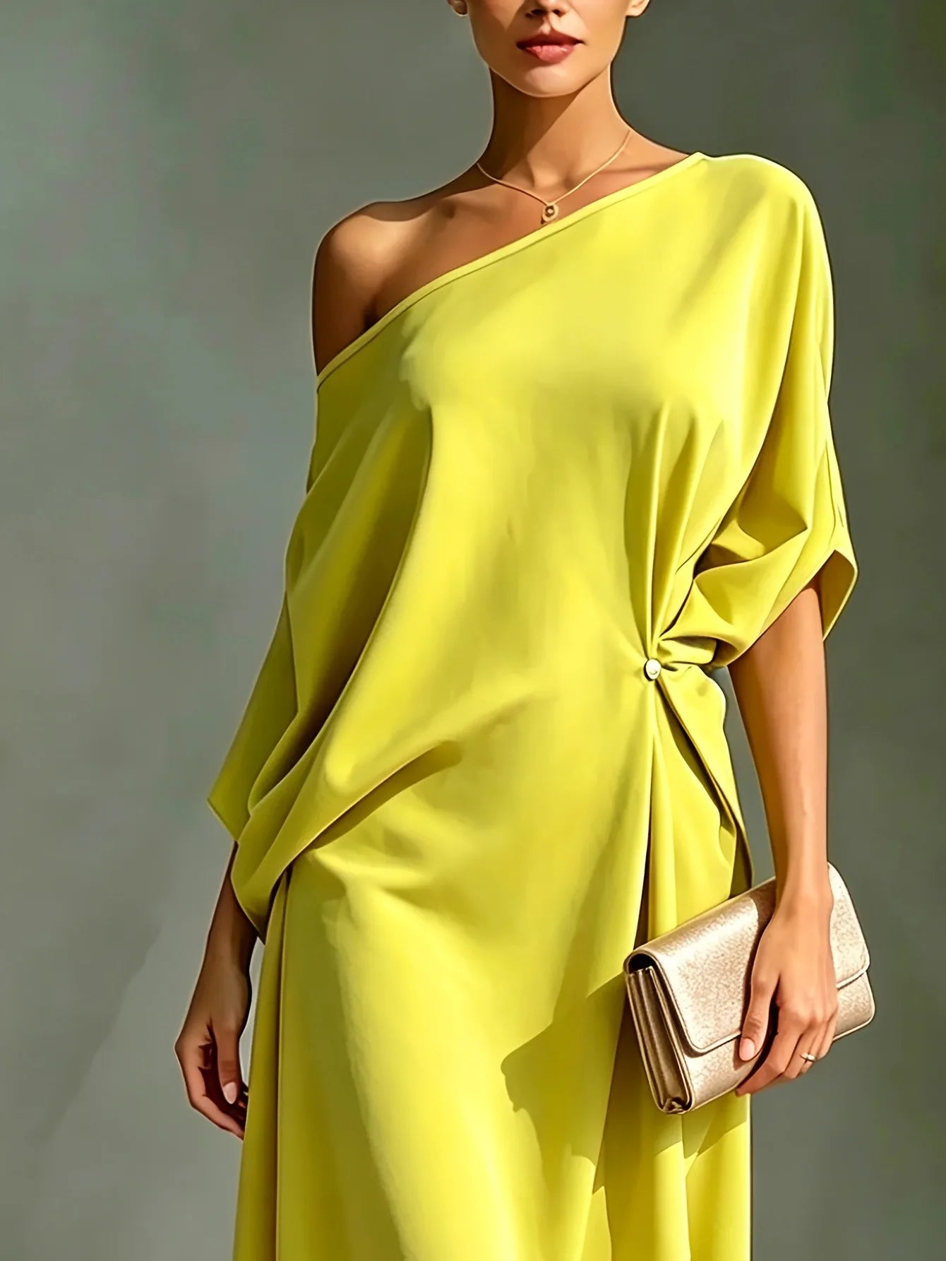 One Shoulder Midi Dress Asymmetrical Hem Waist Knot 3/4 Sleeve Draped Formal Evening Elegant Color Cocktail Dress for Women