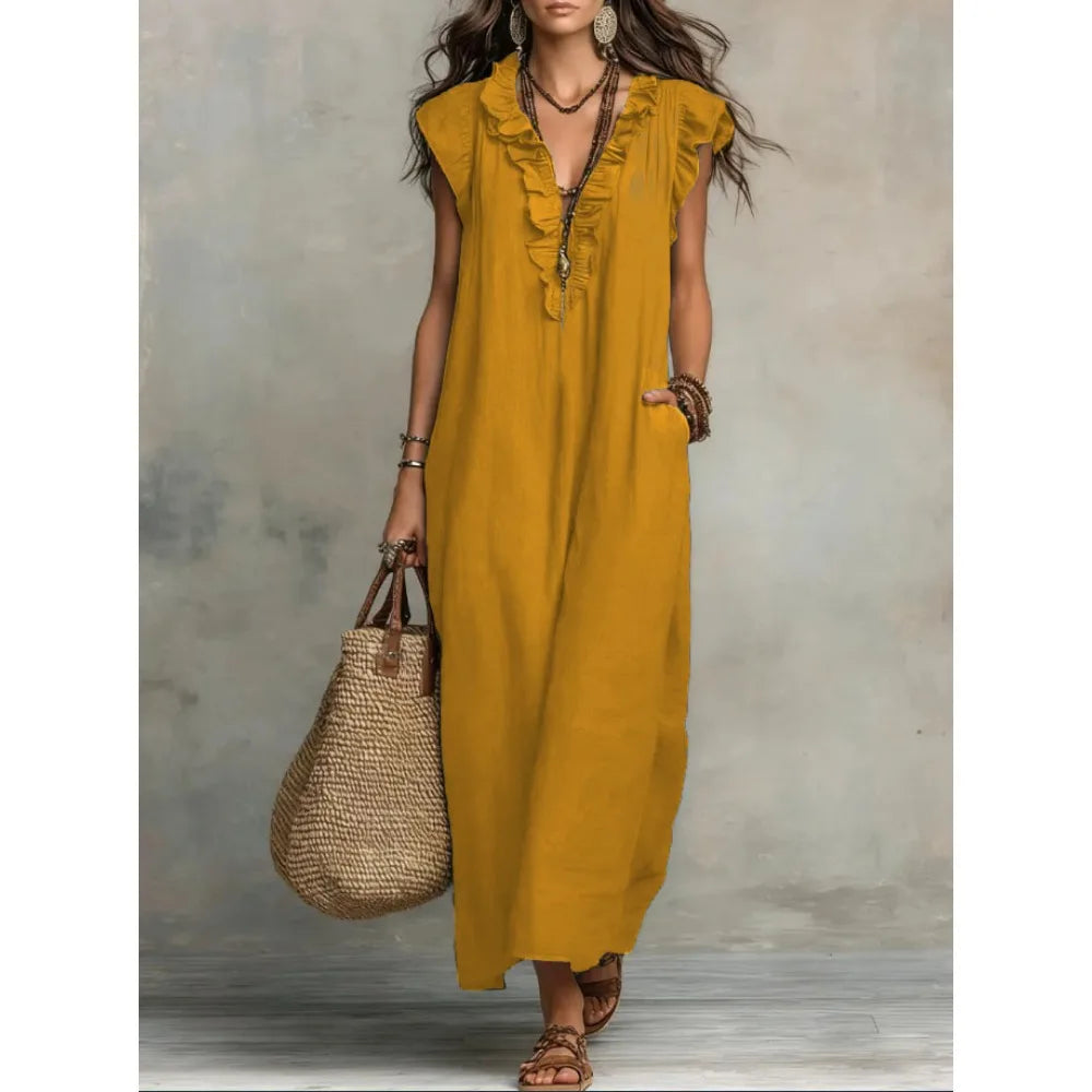 Women's Retro Bohemian Ruffle Linen Maxi Dress, Ruffle V-Neck Sleeveless Loose Summer Dress with Pockets, Summer Casual High-Waist Loose Beach Maxi Dress, Sunny Dress with Flutter Sleeves and Floor-Length Skirt