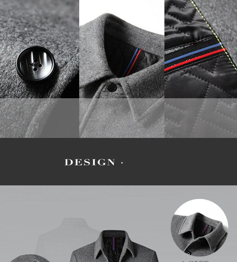 BROWON Brand Winter Coat Men  Autumn Solid Turn-Down Collar Wool Long Jacket for Men New Business Casual Keep Warm Outerwear