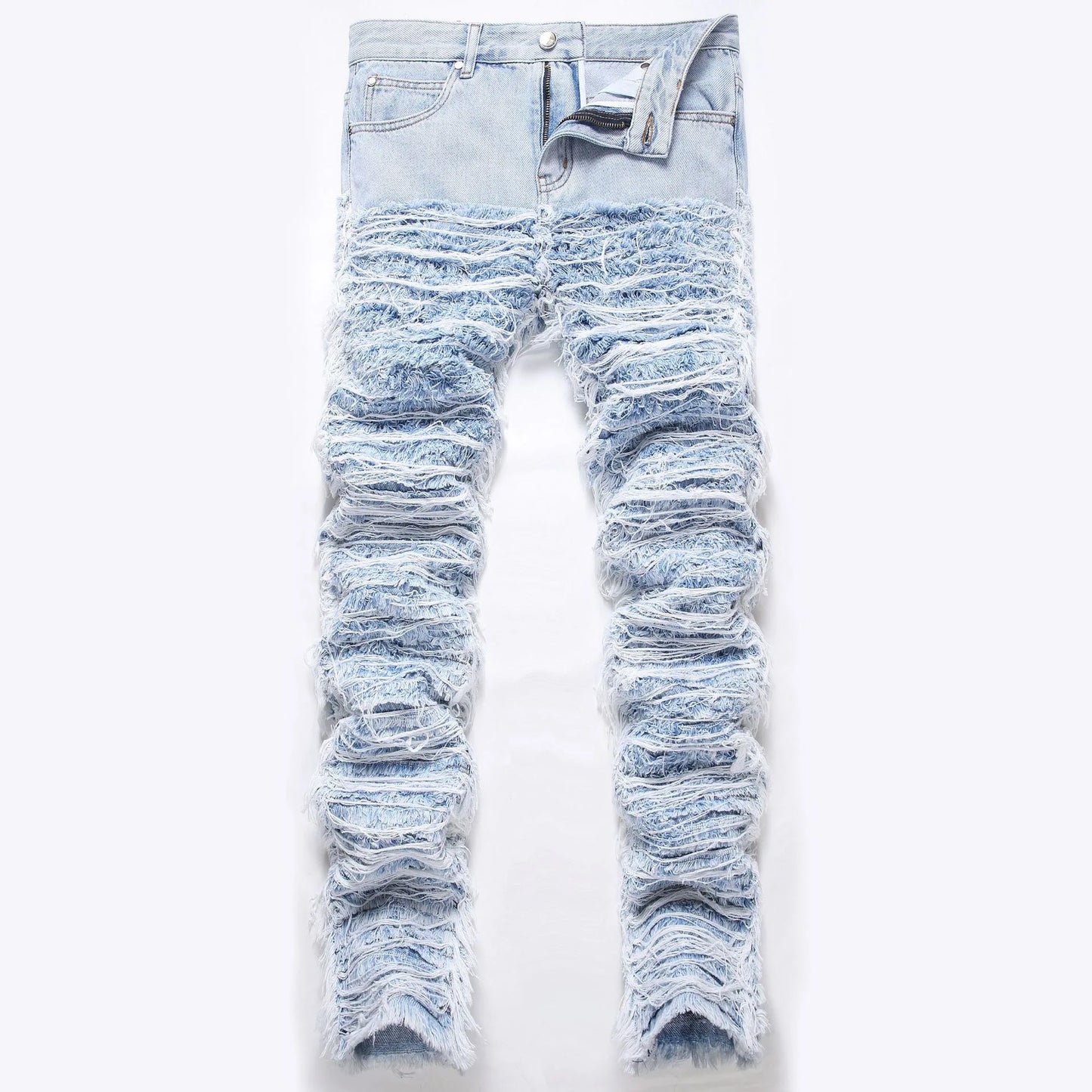 European Heavy Industrial Men Stacked Jeans Non-stretchy Straight Pants Frayed Tassel Denim Bottoms