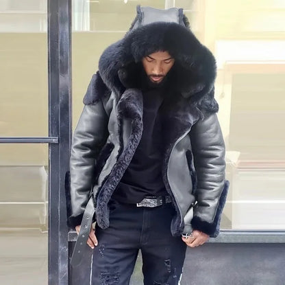 New Men's Leather Coat Winter Large Size Jacket with Fur Collar and Long Sleeve Wool Lining Casual Men's Jacket