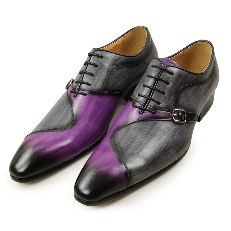 Men Leather Shoe High Quality Oxford Lace Up Side Metal Buckle Gray Purple Color Matching Handmade Business Formal Shoes