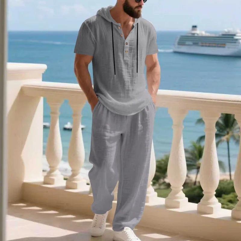Men's Summer Casual Linen 2 Piece Outfit Short Sleeve Hoodie & Loose Pants Set Breathable Tracksuit for Beach Daliy Streetwesr