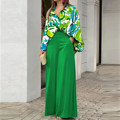 Spring Autumn New Women's Fashion Printed Single Breasted Shirt Solid Color Pants Casual Comfort Two Piece Set