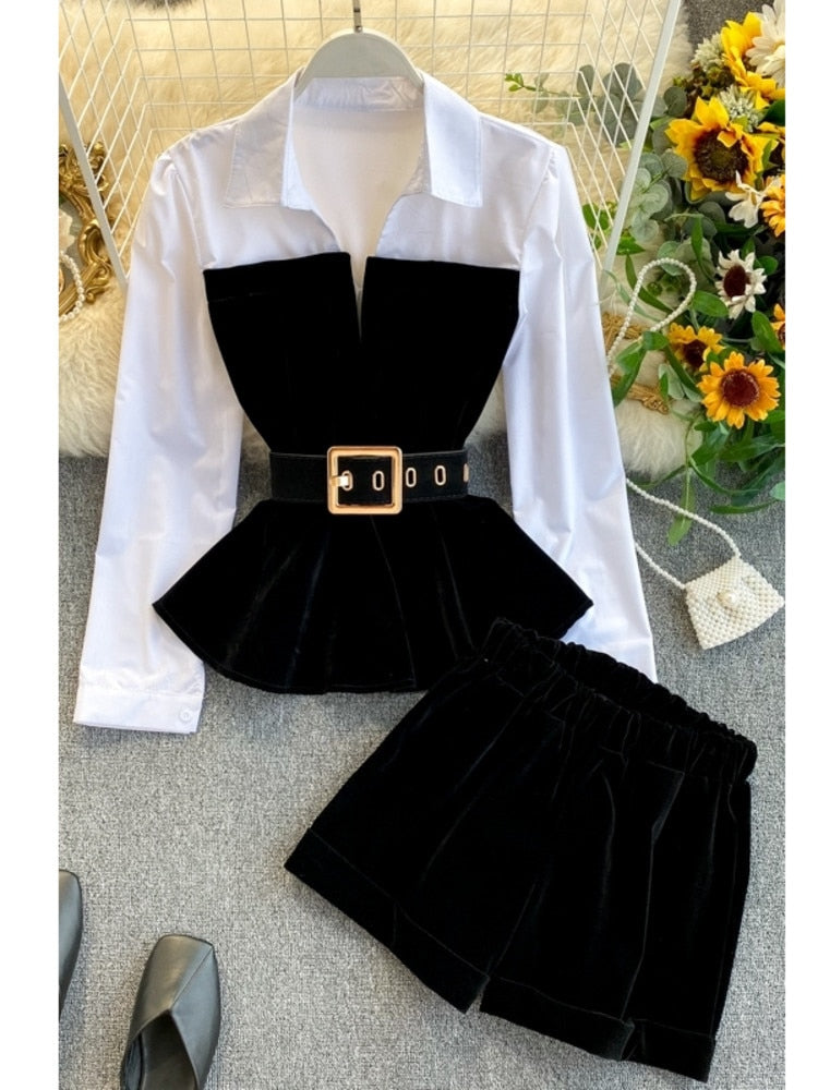 DEAT 2023  Spring Spring Long Sleeve Patchwork Velvet Size Small Tops With Belt High Waist Shorts Two Piece Set Women MH334