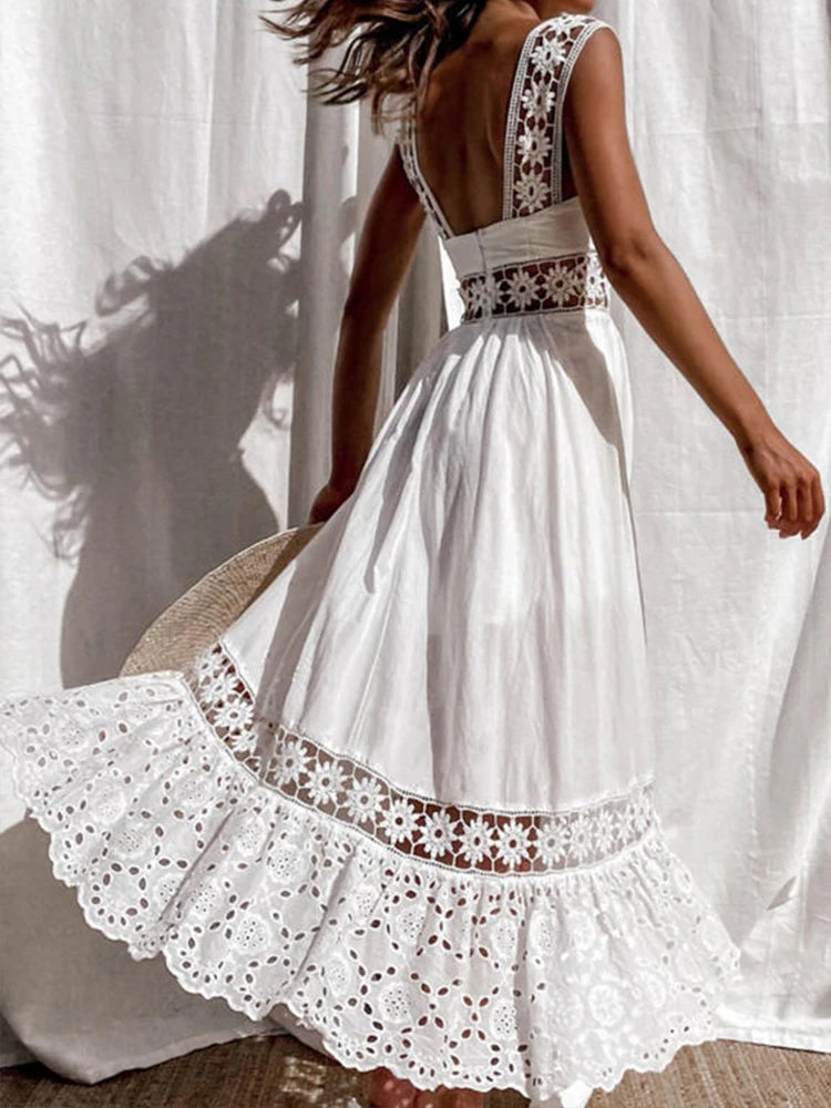 White Lace Long Dresses Women Summer Sleeveless Backless Cotton Dress Elegant Fashion Casual Hollow Out Big Swing Beach Sundress