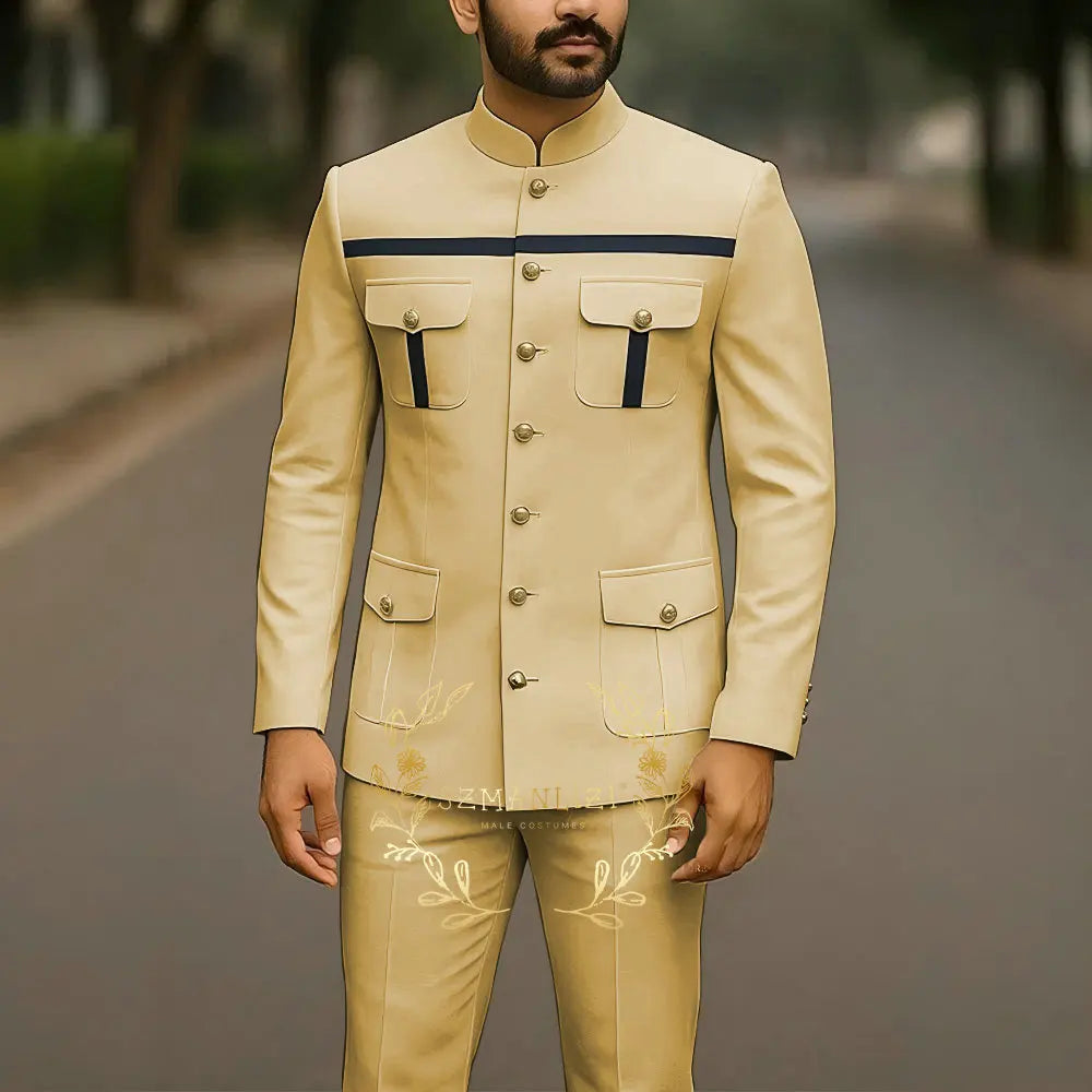 Affrica Style Stand Collar White Single Breasted Jacket Pants Business Men Suit Elegant Groom Wedding Suits Male Party Dress