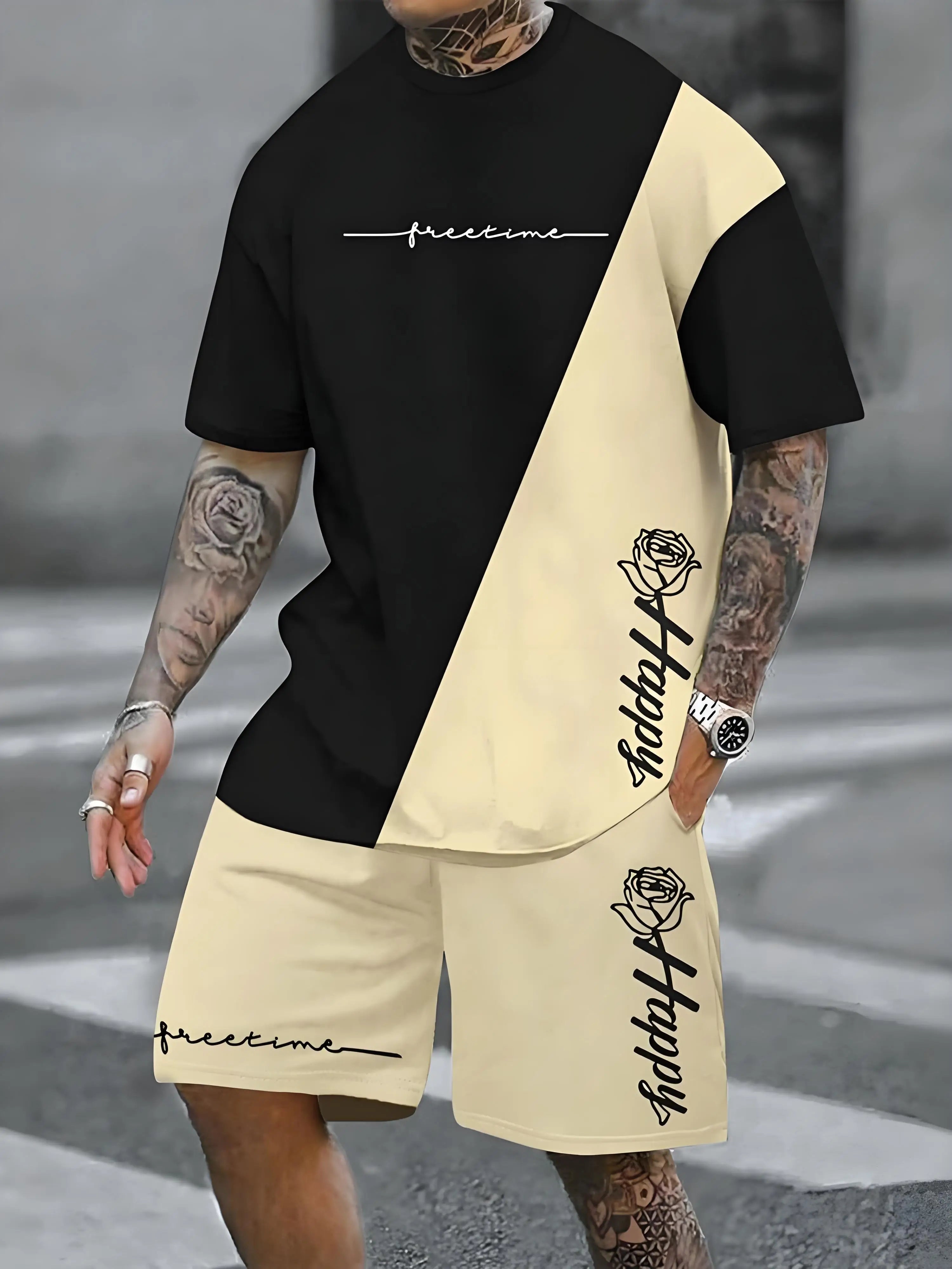 New Plus Size Men's T-shirt And Shorts Set Summer Casual Daily Men's Short Sleeve Top Urban Street Men's Fashion T Shirt Shorts