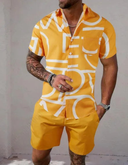 Comfortable Coconut trees leaves color blocking 3D Print shirt +Shorts Two Piece Set Short Sleeve Flip collar shirts half pants