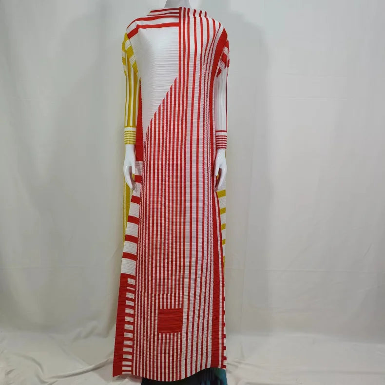 ANLAN Miyake Pleated Stripe Dress Fashion Relaxed Party Temperament Maxi Long Dresses 2024 Summer New Elegant Women's Clothing