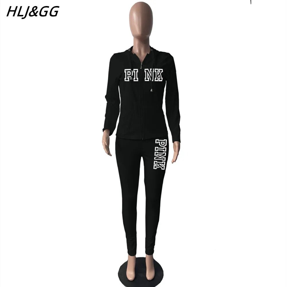 HLJ&GG Fashion Zipper Hooded Two Piece Sets Fall Women PINK Letter Print Outfits Casual Long Sleeve Coat+Skinny Pants Tracksuits