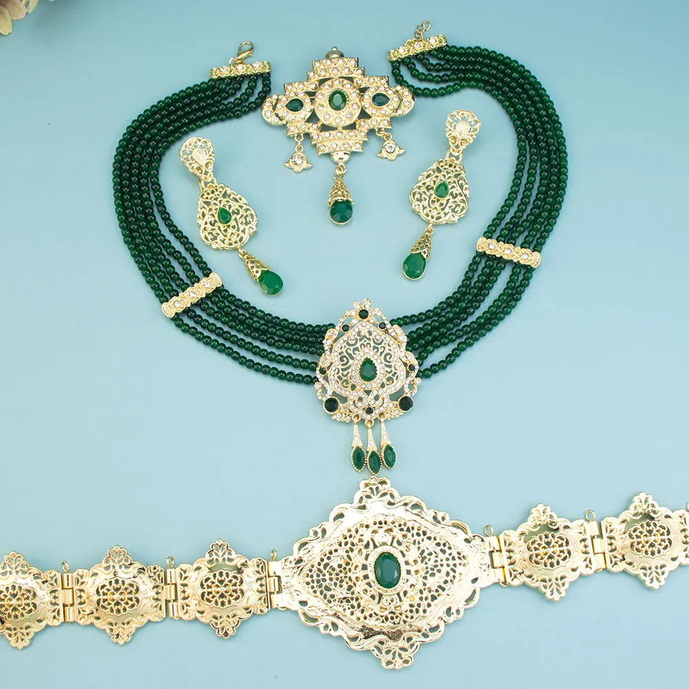 Sunspicems Gold Color Morocco Caftan Belt Waist Chain Women Beads Chain Choker Necklace Long Earring Arab Bridal Wedding Jewelry
