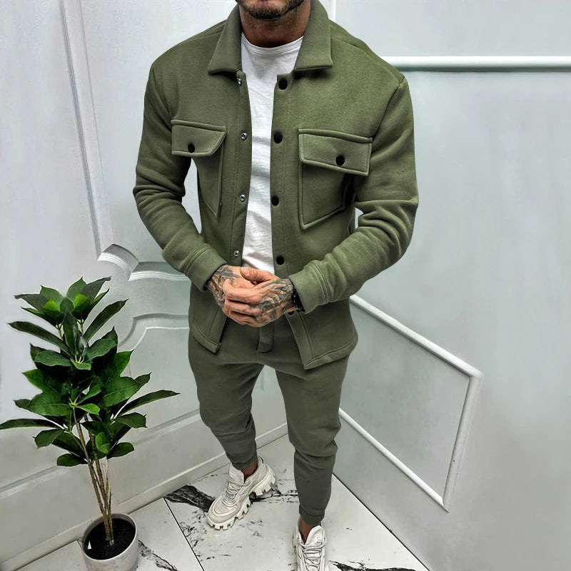 Spring Autumn New Men's Jacket Casual Pants Sets Pocket Overalls Male Fashion Suit Solid Color  Streetwear Tracksuit 2 Piece Set