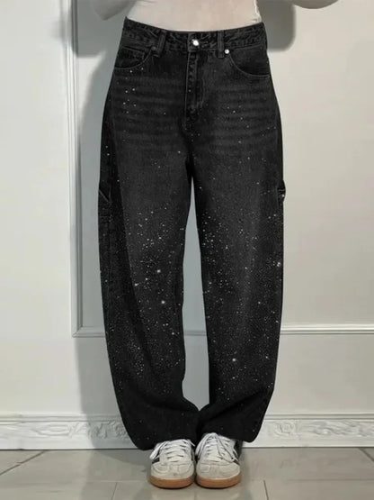 Shiny Rhinestone Baggy Women's Wide Leg Jeans Full Diamond Wide Leg Dragging Denim Pants Vintage Washed Pants Casual Trousers