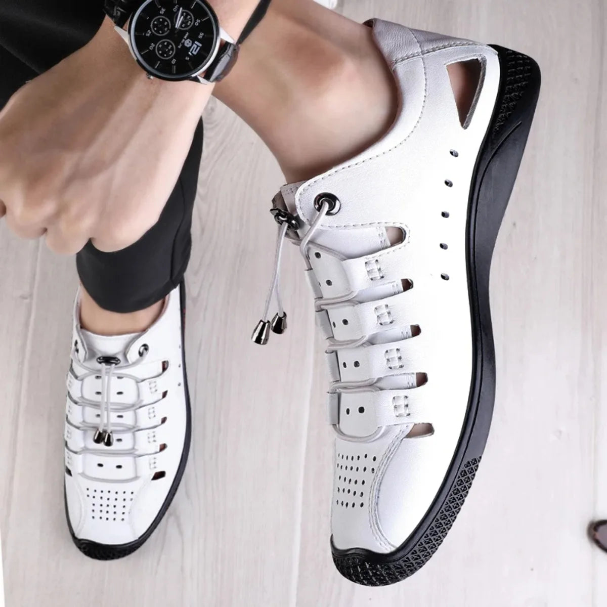 Genuine Leather Summer White Lace Up Hollow Sandals Roman Style Designer Shoes Luxury Brand Breathable Beach Men Shoes Mocassins