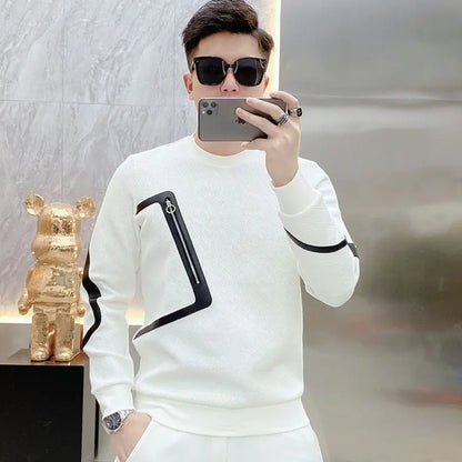 Men's Fashion Trend Zipper Patchwork Contrast Color T-shirt Spring Autumn Casual Loose Long Sleeve Pullovers Tops Male Clothes