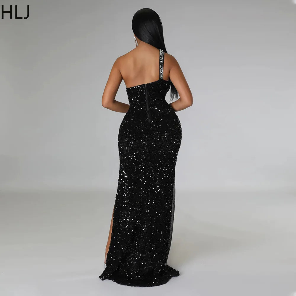 HLJ Black Fashion Diamonds Rhinestone Party Birthday Dresses Women One Shoulder High Slit Floor Dress Female Bodycon Vestidos