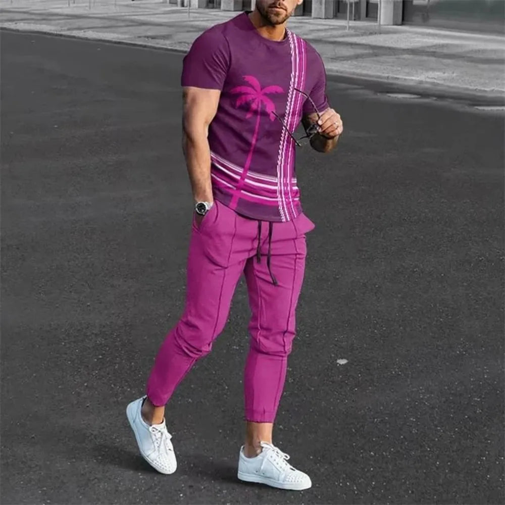 New Men's Comfortable Breathable Short Sleeve Round Neck T-shirt Pants Set 3D Printed Latest Retro Outdoor Leisure Set