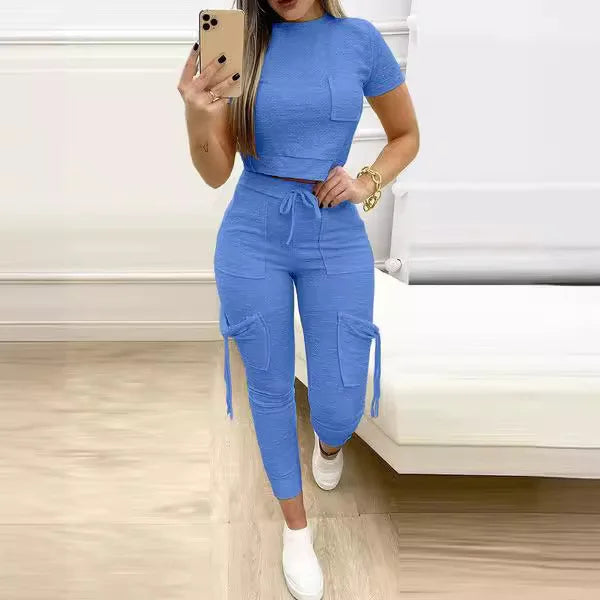 Tight Solid Color Two Piece Set Women Cropped T Shirt Slim Long Pants Pocket Ladies Sets 2025 Spring Summer Sportswear