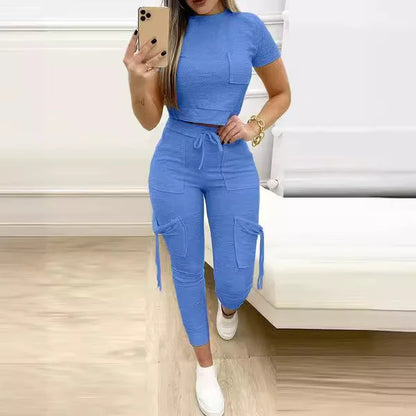 Tight Solid Color Two Piece Set Women Cropped T Shirt Slim Long Pants Pocket Ladies Sets  Spring Summer Sportswear