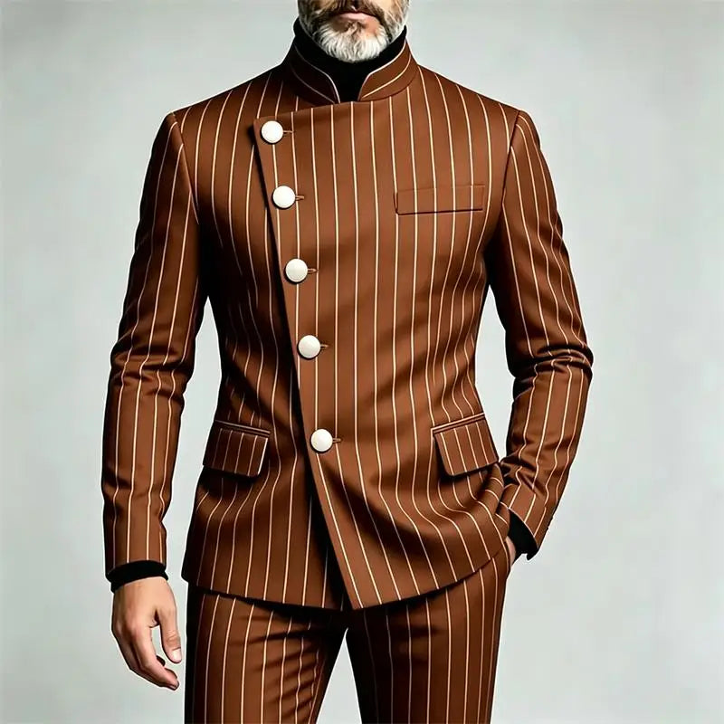 Men's Pinstripe Business Suits Single Breasted Stand Collar Slim Fit Suit Jacket Pants 2 Pieces Formal Tuxedo for Wedding Party