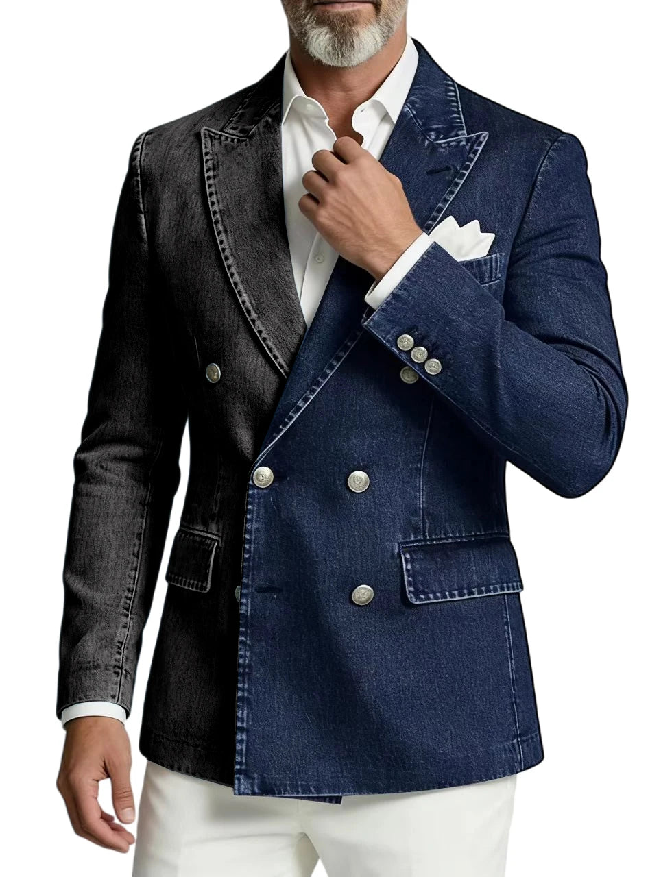 Men Spliced Denim Jacket Peak Lapel Double Breasted Slim Fit Casual Blazer Outing Date Night Trendy Party Fashion Costume Homme