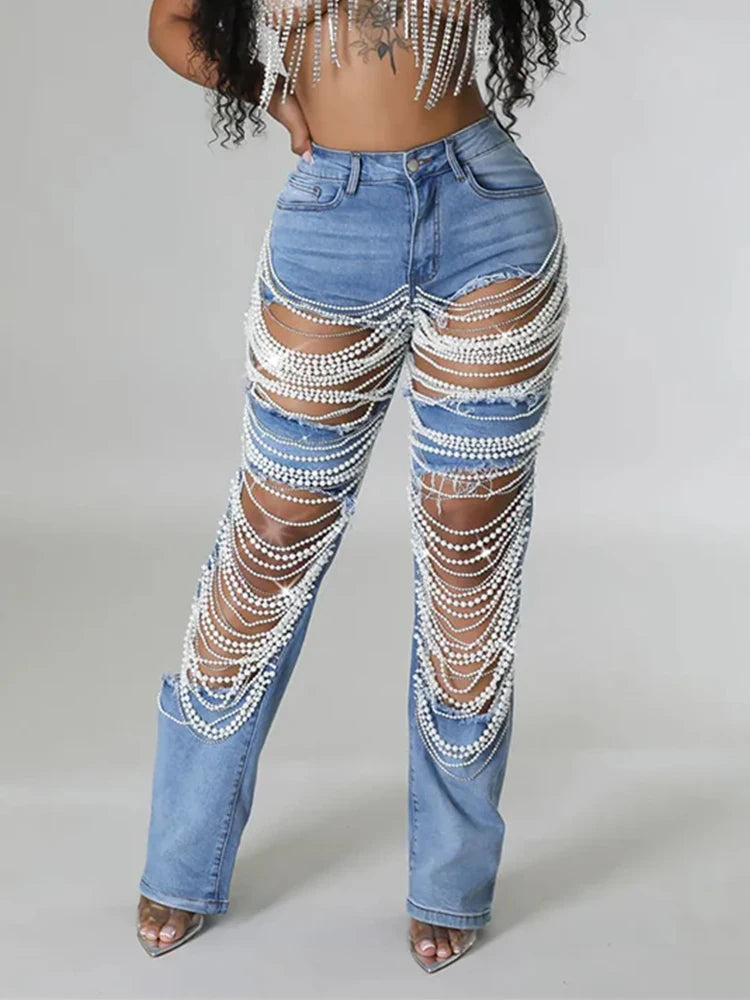 Hollow Out Pearl Jeans Plus Size Sexy Wide Leg Denim Pant Trousers High Quality Pockets Casual Streetwear Jeans for Women 2025