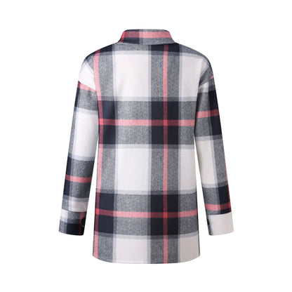 Women Coat Plaid Print Pocket Button Coats Long Sleeve Shacket Autumn Turn Down Collar Single Jacket Breasted Spring Jackets