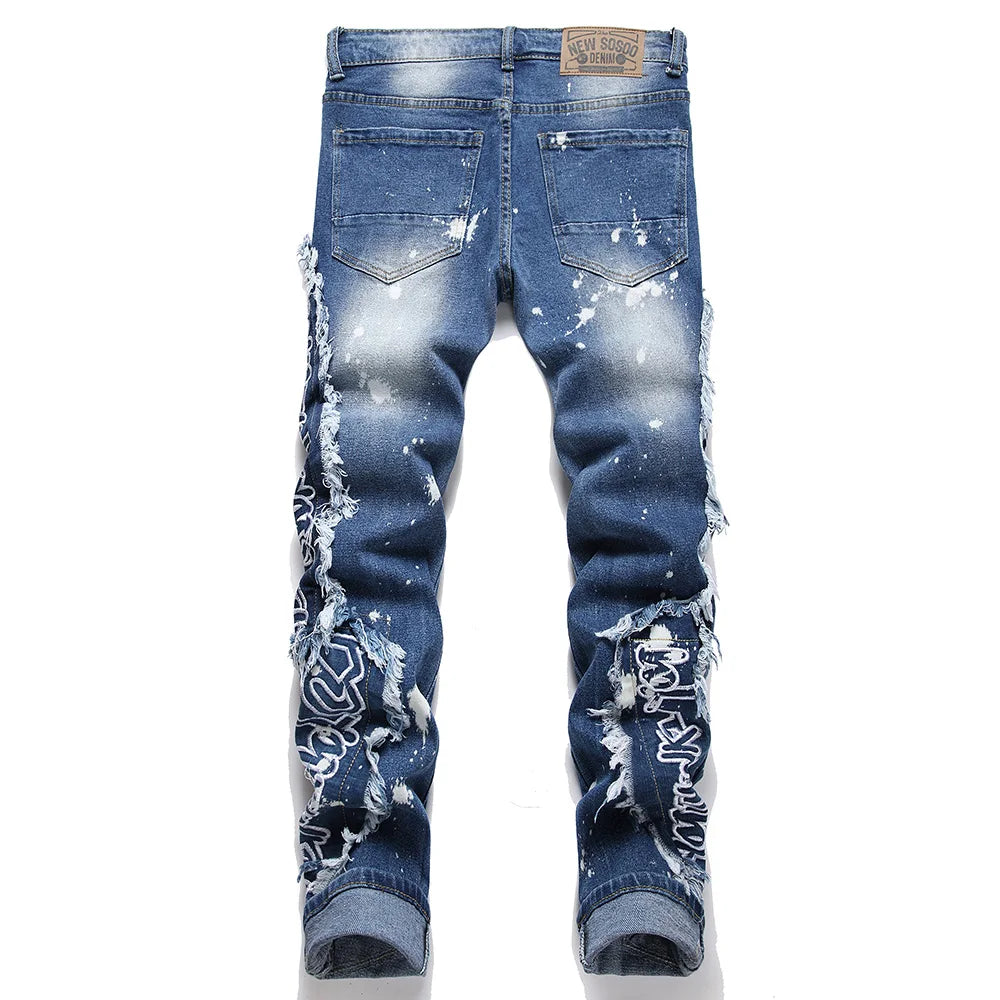 Men Letters Embroidery Stretch Denim Jeans Streetwear Holes Ripped Distressed Pants Fringe Patch Trousers