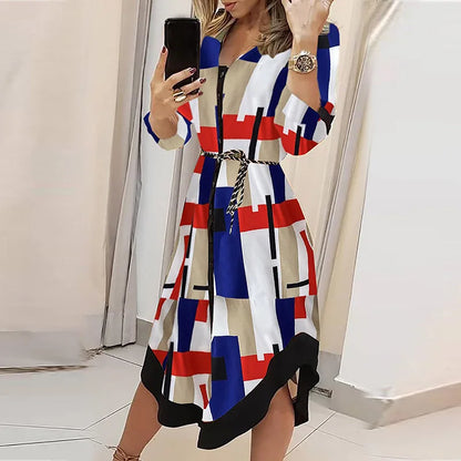 Women's Autumn New Fashion and Elegant Commuter Print V-neck Lace up Long Sleeve Slim Fit Mid length Dress