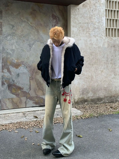 American Retro Woolen Collar Hooded Cotton Jacket Winter Thick Plush Top Men Street Hip-Hop Gothic Harajuku Oversize Jacket Coat