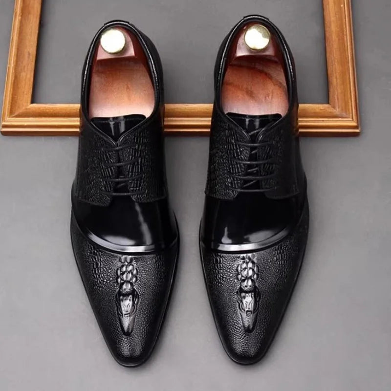 Stylish Men's Leather Shoes Pointed Toe Lace-up Crocodile Pattern Embossment Genuine Leather Formal Shoes Wedding Social Shoes