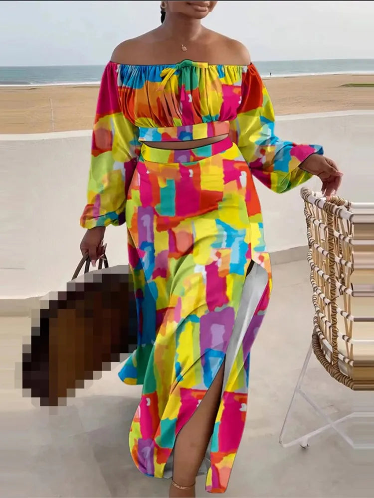 Casual Off Shoulder Suit Sexy Split Printing Loose Long Skirt Two Piece Set For Women Vacation Summer Outfits Vestido Feminino