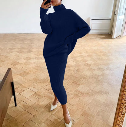 BKQU Knitted Dress Sets Women Loose Turtleneck Sweater Pullover And High Waist Long Skirt Two-Piece Set  Fall Winter Outfits