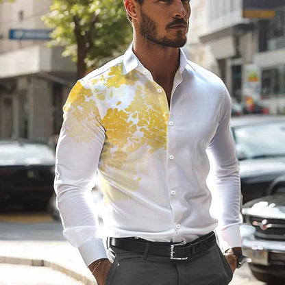 New men's casual 3D printed leaf print shirt for daily wear, spring lapel long sleeved button up shirt S-6XL plus size