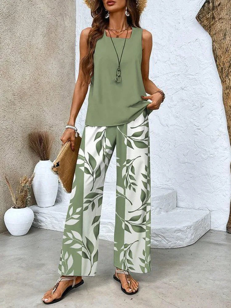 Summer New Women's Flower Stripe Print Two-Piece Set Square Collar Sleeveless Vest Solid Tops & Long Pants Sets Female 2025