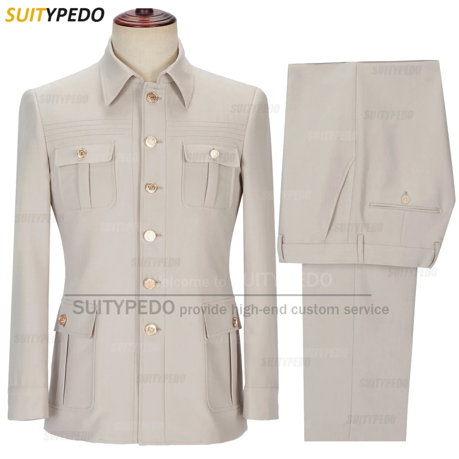 New Arrival  Elegant 2 Piece Slim Fit Men's Suits Fashion Four Pocket Wedding Party Suits（Blazer+Pants) Gold Button Texudos