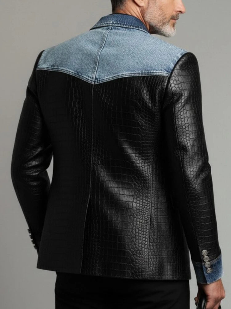 Designer Classic Men's Suit Coat Denim Patchwork Crocodile PU Leather Notched Lapel Tuxedos Groom Wear Business Party Blazer